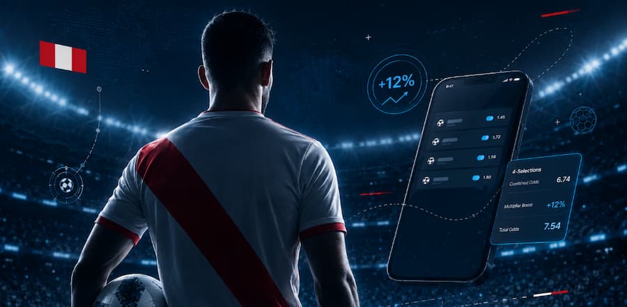 Jugador de Perú frente a una interfaz de apuestas deportivas de Stake con Bono Multiplicador para el Mundial 2026