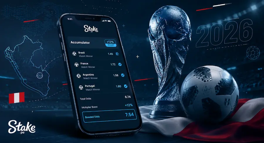 Cupón de apuesta combinada en Stake Perú con balón, trofeo y promoción del Bono Multiplicador Mundial 2026
