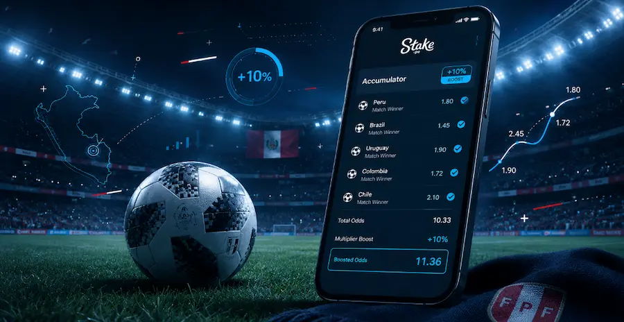 Aplicación de Stake Perú para apostar al Mundial 2026 con combinadas mejoradas y ganancias en soles