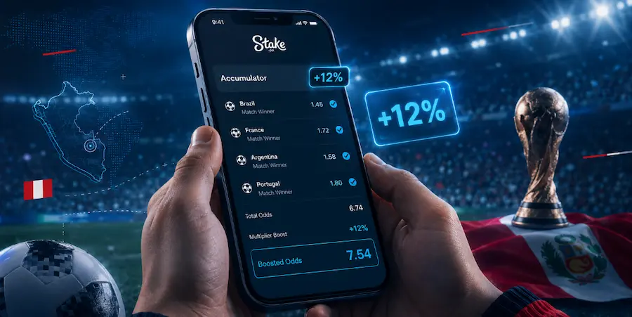 Apuestas combinadas en Stake Perú para el Mundial 2026 con multiplicador de cuotas y bono extra del 12%