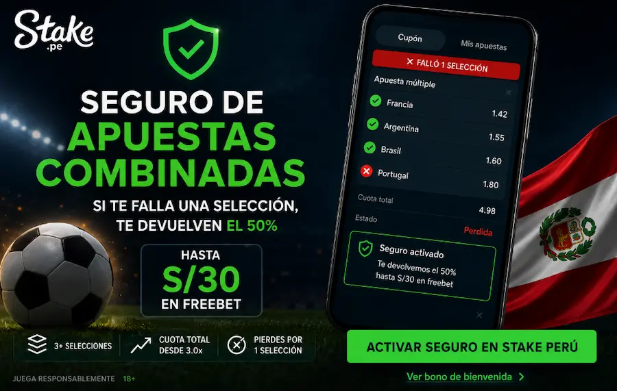 Seguro de Apuestas Combinadas en Stake Perú con devolución del 50% hasta S/30 en freebet